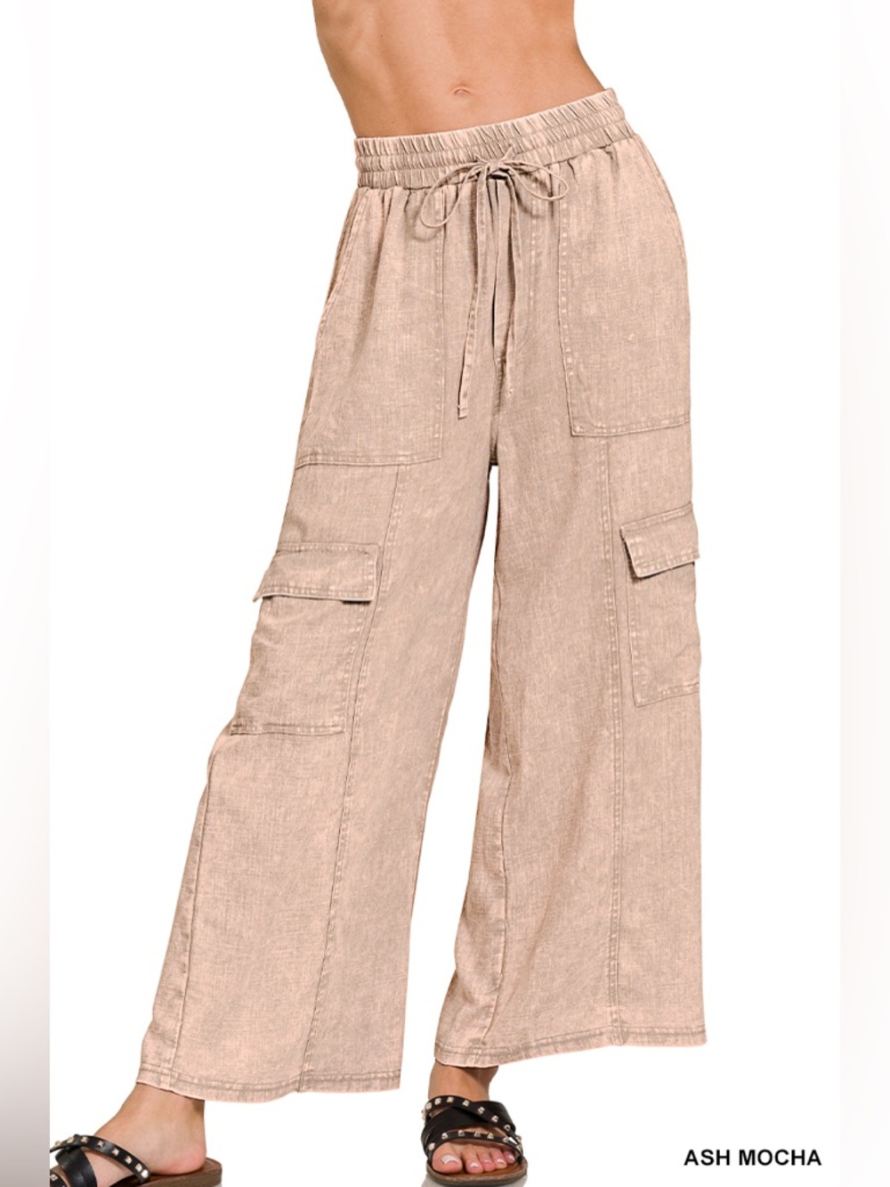 “ Zuma Beach “ Wide Leg Linen Cargo Pants | Ash Mocha / Blue - Picture 5 of 8